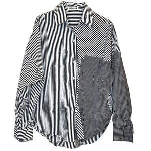 Women’s Secular Patchwork Stripe Long Sleeve Oversized Button-Up Shirt Black Whi